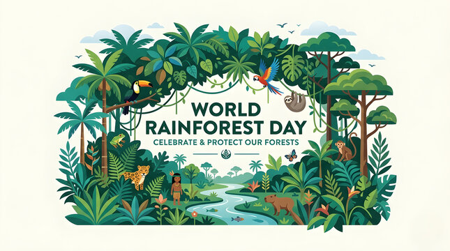 World Rainforest Day Eco Poster with Tropical Jungle Animals Waterfall and Conservation Slogan Vector