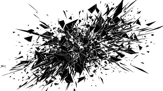 Abstract Black and White Explosion of Shattered Geometric Fragments and Shards on White Background