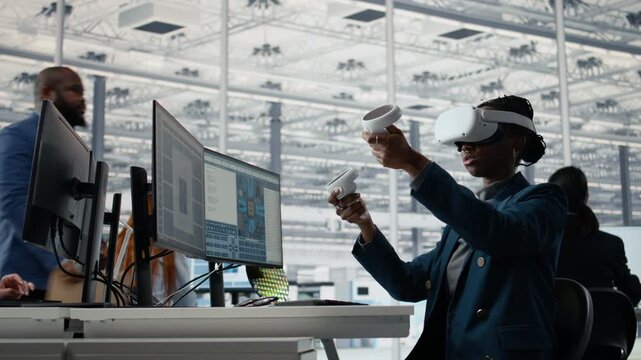 Woman reviewing microchip production with VR headset in industrial plant workspace, using virtual reality tech, semiconductor hardware and African American worker in R&D office.