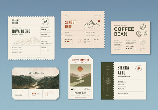 Label Template Set For Coffee Packaging, Product Stickers, Vintage Tags, Branding Labels