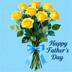 Fototapeta premium A Beautiful Bouquet of Yellow Roses Tied with a Blue Ribbon, Celebrating Father's Day with a Heartfelt Message
