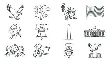 USA Icons Set: Eagle, Statue of Liberty, Flag, Washington Monument, White House, Liberty Bell © Roti