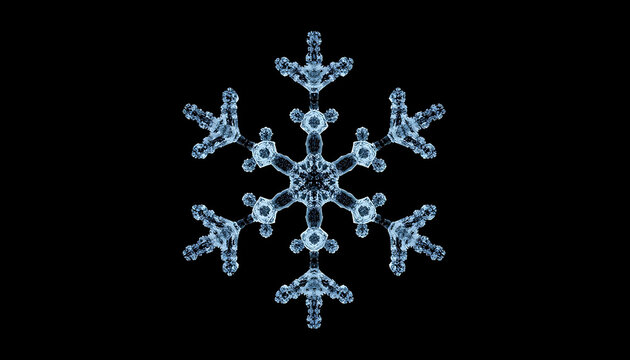 Intricate Digital Snowflake Fractal Geometric Structure Isolated on a Solid Black Background for Winter Seasonal Graphic Design and Holiday Decoration