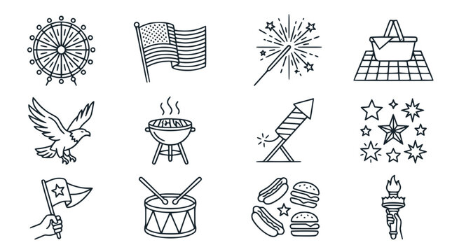 USA Celebration Icons: Independence Day, BBQ, Fireworks, Eagle, Ferris Wheel & More