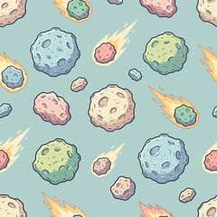 A seamless pattern of cartoon asteroids and falling meteors © Joko