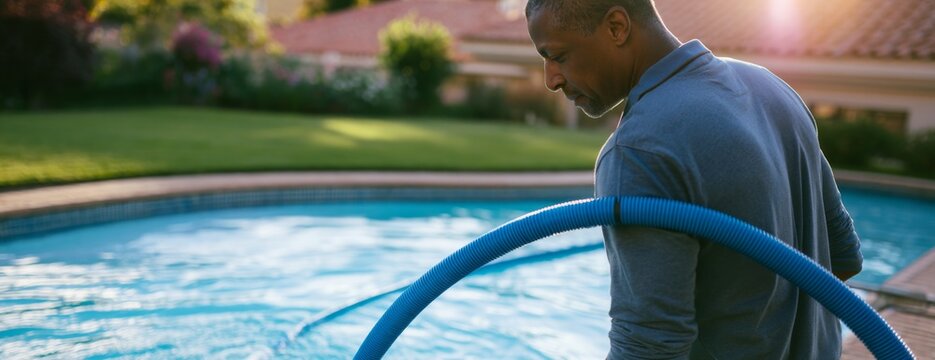 Black man cleaning swimming pool with vacuum hose in residential backyard  