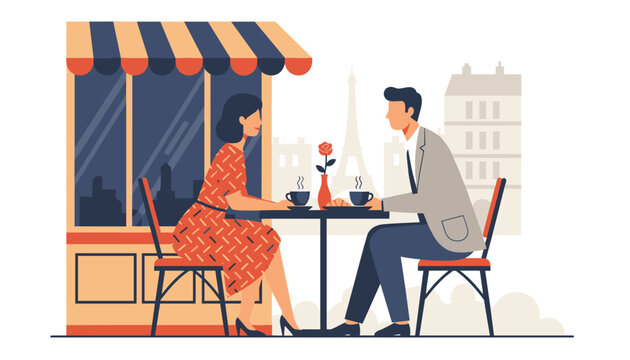 Romantic young couple enjoying hot coffee at a classic outdoor street cafe in Paris with Eiffel Tower background.