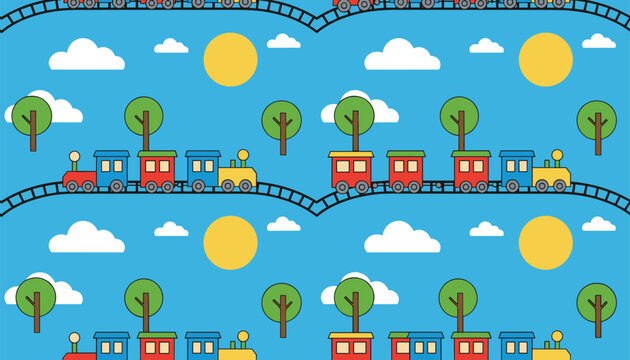 Seamless cartoon train pattern featuring small colorful toy locomotive trains traveling on tracks under a bright sun.