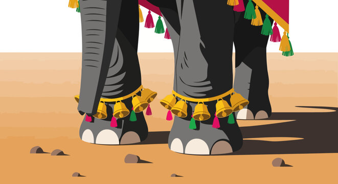 Decorated elephant legs adorned with colorful bells and tassels.