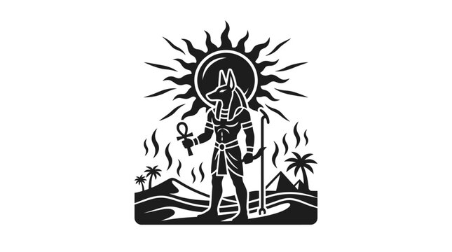 Anubis Egyptian God Silhouette with Sun and Pyramids