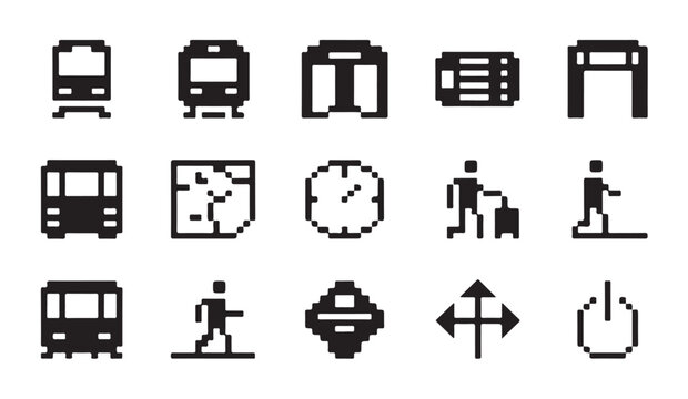 Metro and railway station navigation icons with train ticket clock and pedestrian symbols set.