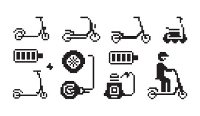 Pixel art electric scooters and charging station retro transport technology icons. © MDABDUR