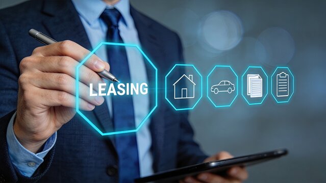 Businessman signing leasing agreement contract on tablet, real estate property rental service concept, car hire and document management icons displayed on futuristic holographic