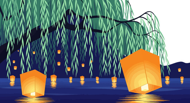 Floating lanterns illuminate the tranquil water under a weeping willow tree at night.