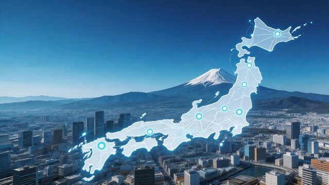 Futuristic digital map of Japan overlaying modern city skyline and Mount Fuji, network connections on country outline, technology concept for business, travel and communication in