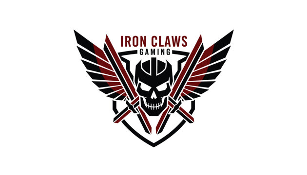 Professional esports gaming logo design featuring a skull with a futuristic helmet, wings, and crossed swords.
