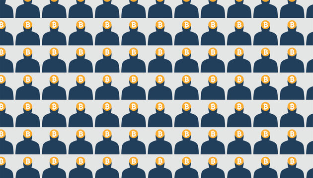 Seamless conceptual pattern of repeating human silhouettes with golden Bitcoin coins for heads on a gray background.