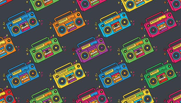 Seamless retro pattern of colorful music cassette boombox stereos from the eighties repeated on a dark background.