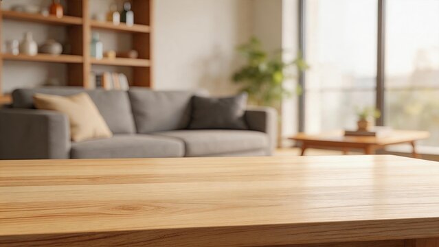 Close up of natural wooden table surface in modern living room interior, blurred grey sofa background with large window light, empty space for product display or text overlay