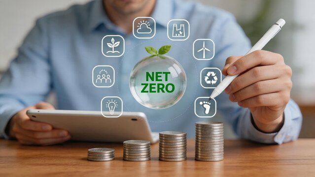 Business man writing net zero concept on tablet with virtual icons, coins stack showing financial growth, carbon footprint reduction, renewable energy, recycling, sustainability