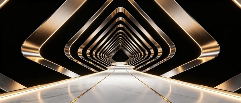 Luxury abstract 3D tunnel of nested golden metallic diamond shapes with glowing edge lights leading to end over white marble floor on black background for premium modern design