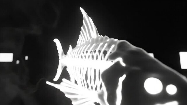 Black and white illuminated fish skeleton with glowing details and atmospheric fog in a dark environment