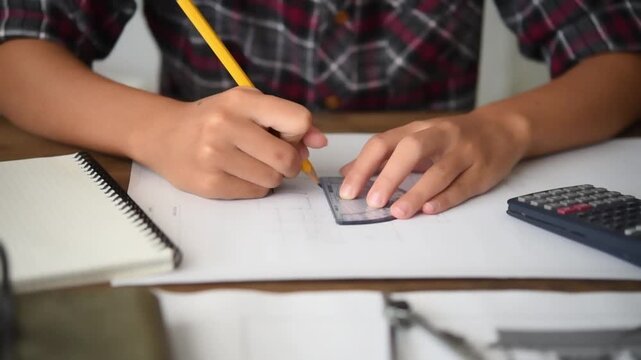 Architect Hand Use Pencil And Ruler To Draft Building Plan On Desk
