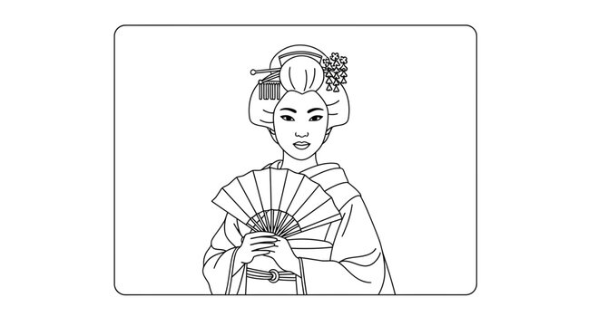 Traditional Japanese Geisha Woman Holding a Fan, Line Art Illustration