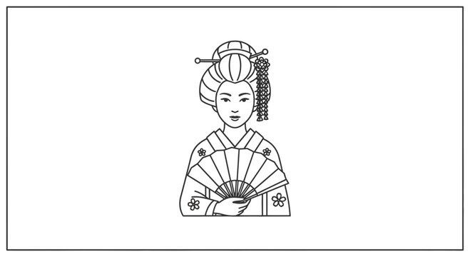 Traditional Japanese Geisha holding a fan, line art illustration