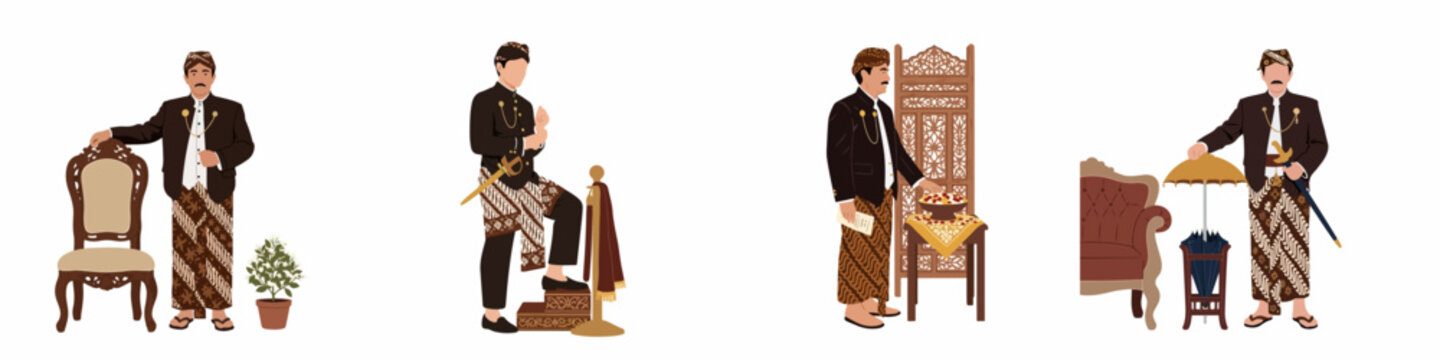 Flat illustration set of a man in traditional Javanese attire including Beskap, Batik, and Blangkon, posing with various cultural elements on white background.