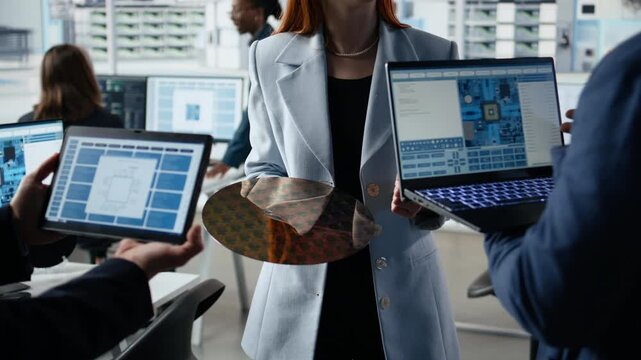 Diverse engineering team examines silicon wafer, trialing advanced materials in research office, scientists use devices to improve semiconductor substrate photolithography tech.