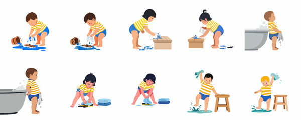 Collection of flat vector illustrations featuring cute toddlers engaged in various cleaning activities, washing clothes, and playing with water on a white background.