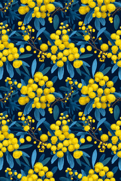 Australian wildflower wattle repeating seamless pattern dark background
