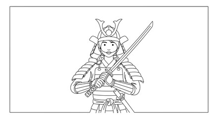 Fototapeta premium Samurai Warrior Holding Katana Sword, Traditional Japanese Armor, Line Art Illustration