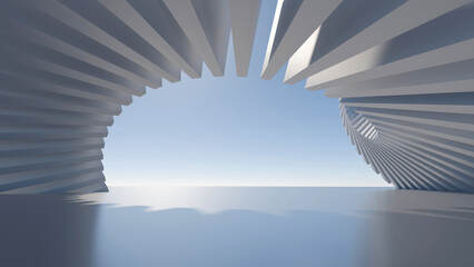 Fototapeta premium Modern abstract white geometric spiral tunnel interior structure against clear blue sky, 3D rendering
