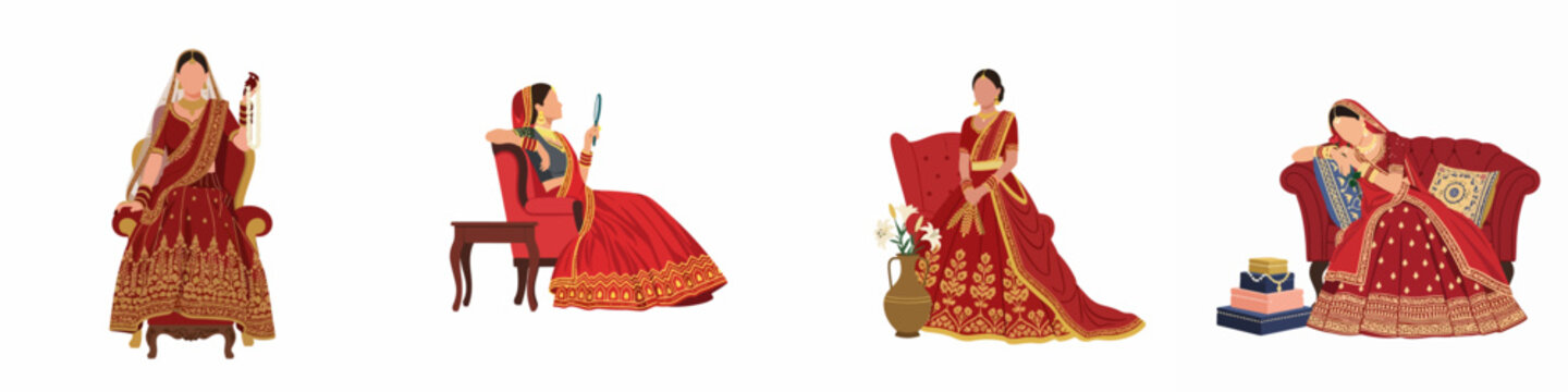 Collection of elegant Indian brides in traditional red lehengas and sarees, showcasing diverse poses for wedding and bridal concepts.