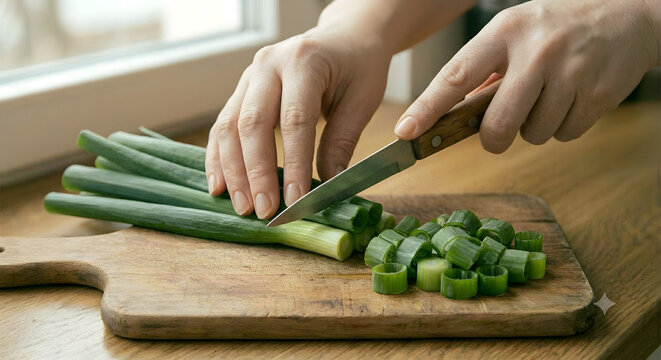 Slicing fresh green onions with a knife, close-up of chef hands chopping scallions on a wooden cutting board for cooking preparation.