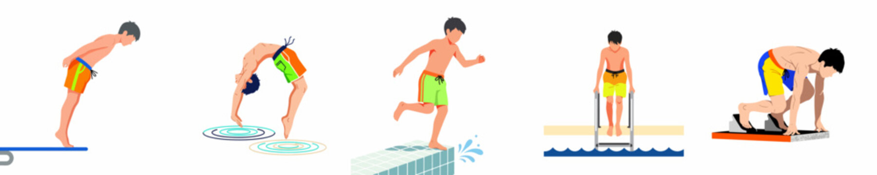 Collection of flat illustrations showing young boys in various swimming and diving poses at a pool, from jumping to starting a race.
