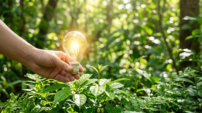 Hand holding glowing light bulb among green plants, symbolizing sustainable energy, eco-friendly innovation, environmental care, and a brighter, greener future