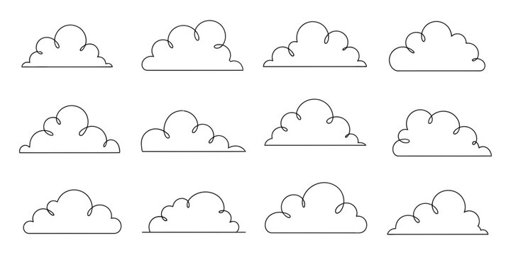 Set of minimalist line-art cloud outlines for weather icons and sky graphic design elements