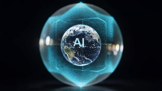 Glowing digital interface displaying planet earth inside transparent crystal ball on black table, futuristic visualization of worldwide database processing information via modern cloud network