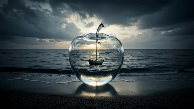 Mysterious view of large transparent glass fruit standing on dark sand beach with small sailboat captured inside glossy crystal object against dramatic sunset sky over dark blue ocean wave