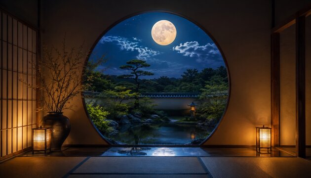 Japanese Zen Room with Full Moon Garden View Through Circular Window