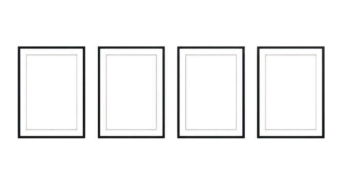Four blank vertical rectangular picture frames in a row isolated on transparent background