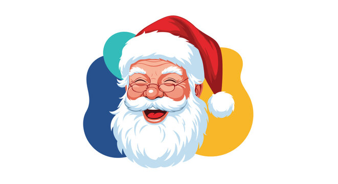 Jovial Santa Claus head with a big white beard and red hat laughing heartily against a colorful abstract background.