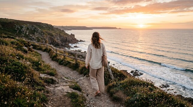 A person taking a peaceful walk along a coastal trail, highlighting relaxation, mindfulness, and slow travel.