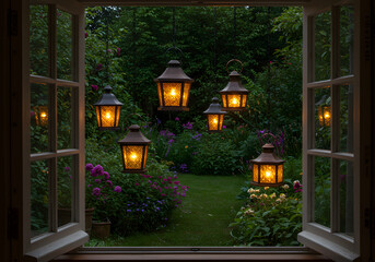 Fototapeta premium Garden view from window at night