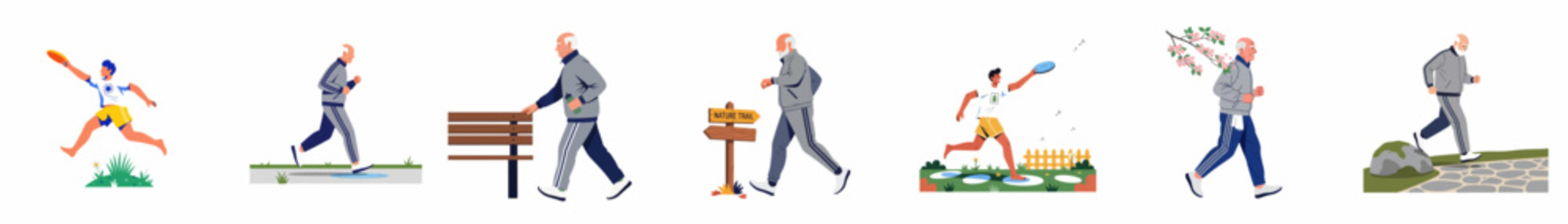 Flat illustration set of active seniors and young men jogging and playing frisbee outdoors, promoting a healthy lifestyle and fitness across generations.
