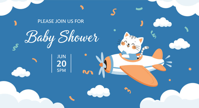Blue baby shower invitation card featuring a cute white cat flying a small plane in a sky with clouds and confetti.