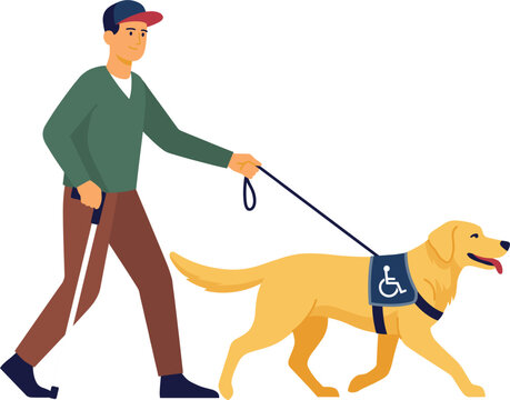 Blind man walking with guide dog vector illustration, visually impaired person and assistance labrador